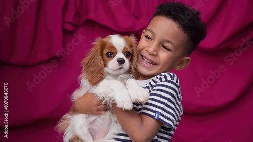 A joyful young Black boy holds a playful Cavalier King Charles Spaniel puppy against a vibrant pink backdrop, radiating happiness and affection.