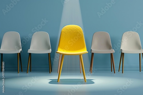 Single yellow chair among neutral chairs, highlighted with spotlight against a blue background