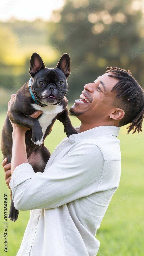 A joyful Black male with dreadlocks joyfully holds a French Bulldog in a lush green field, showcasing their strong bond and happiness together. A joyful Black male with dreadlocks joyfully holds a French Bulldog in a lush green field, showcasing their strong bond and happiness together.