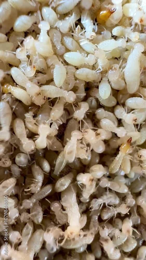 Close-up video of termites, especially worker termites. These pale, soft-bodied insects are often found in large colonies and feed on wood and plant material. Termites have large heads and dark Close-up video of termites, especially worker termites. These pale, soft-bodied insects are often found in large colonies and feed on wood and plant material. Termites have large heads and dark