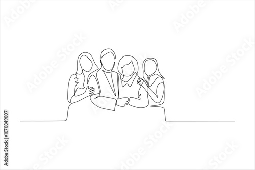 A continuous line drawing of four people standing together, conveying connection and unity.