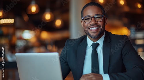 A businessman in a suit and glasses smiles confidently at his laptop in an office setting with warm lighting, symbolizing professionalism, success, and modern business.