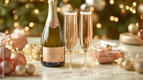 Wallpaper Mural Pair of champagne flutes with a premium bottle, surrounded by sparkling New Year decorations and fairy lights. Perfect for holiday gift inspiration. Torontodigital.ca