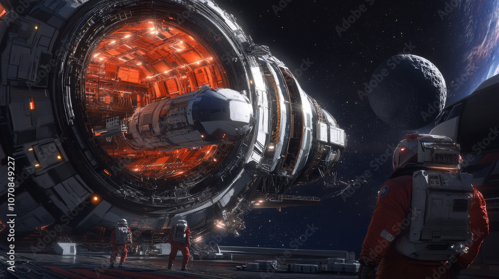A futuristic space habitat built inside an asteroid, with spacecraft docking nearby. A futuristic space habitat built inside an asteroid, with spacecraft docking nearby.