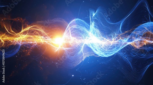 This image showcases a vibrant mix of blue and orange light waves intertwining against a dark background, creating a dynamic visual effect. photo