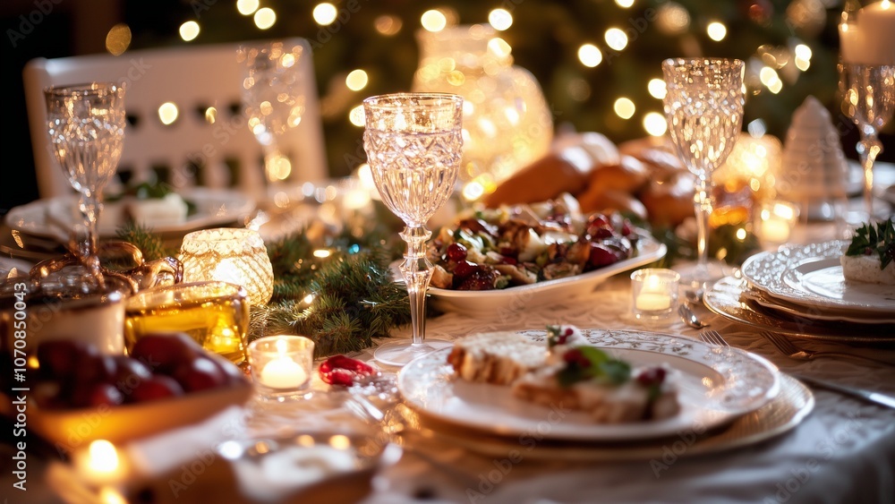 Family enjoying a holiday dinner together, beautifully set table with festive dishes, laughter and love, twinkling lights and warm candlelight Family enjoying a holiday dinner together, beautifully set table with festive dishes, laughter and love, twinkling lights and warm candlelight