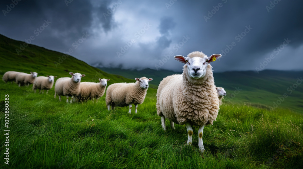 Obraz premium A herd of Icelandic sheep grazing on a green hillside, with dramatic clouds overhead.