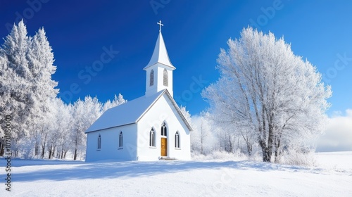 Quaint snowy church surrounded by frosted trees, perfect for Christmas or New Year backgrounds with space for holiday messages.