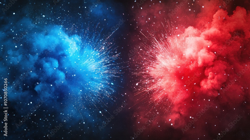 Obraz premium Red and blue explosive background with a dynamic speech bubble in the center, adding excitement for comic-style promotions.