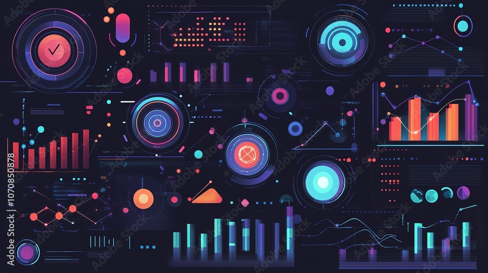 Obraz premium Colorful digital dashboard displaying various data visualizations and analytics metrics at night