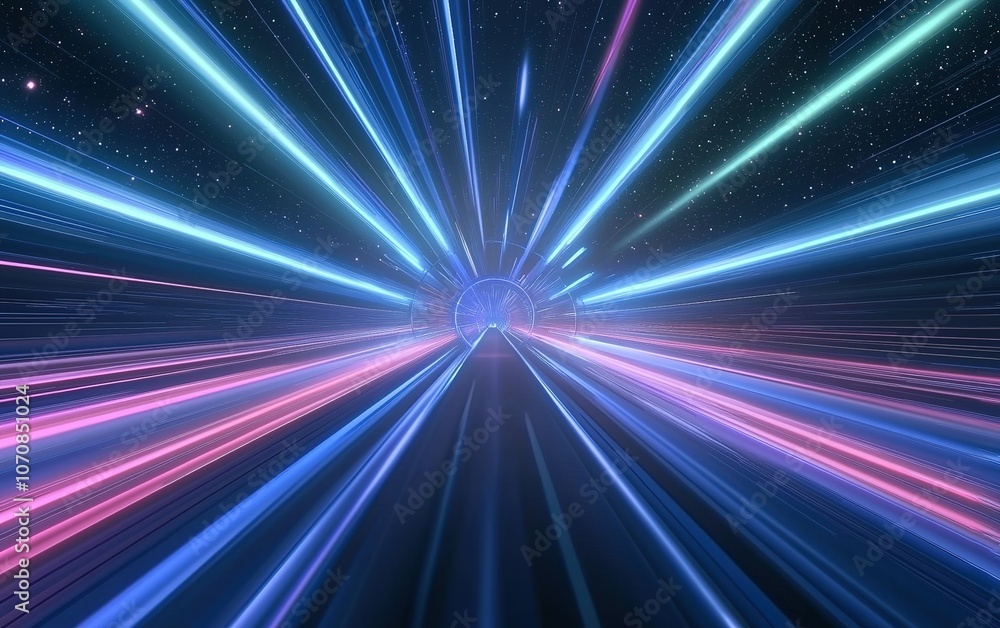 Vivid light trails stretch toward a glowing vortex in a cosmic space setting, creating an illusion of speed and motion at night Vivid light trails stretch toward a glowing vortex in a cosmic space setting, creating an illusion of speed and motion at night