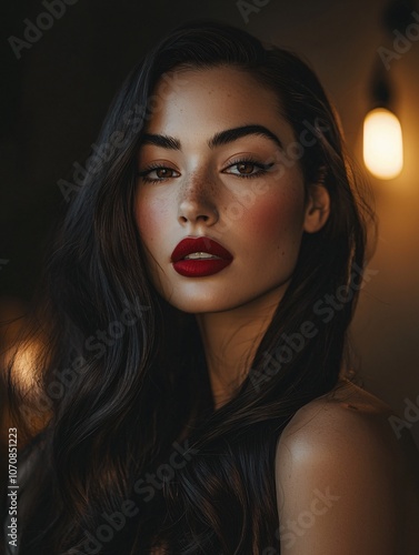 A woman with long dark hair and striking red lips poses with a confident expression. The warm lighting creates a soft, intimate atmosphere, highlighting her features beautifully