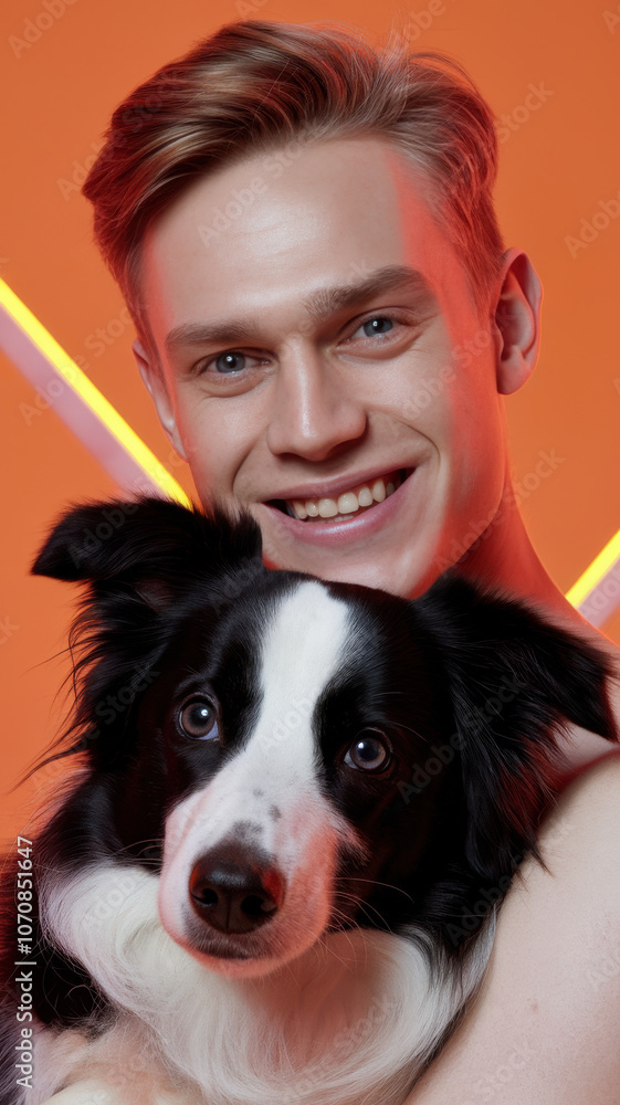 Smiling young Caucasian man with light blond hair holding a black and white border collie against a vibrant orange background. Smiling young Caucasian man with light blond hair holding a black and white border collie against a vibrant orange background.