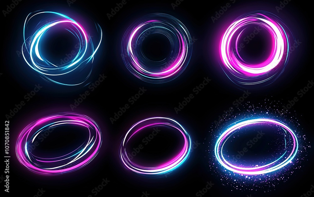 Colorful glowing rings in various styles creating vibrant light effects on a dark background during a digital design session Colorful glowing rings in various styles creating vibrant light effects on a dark background during a digital design session