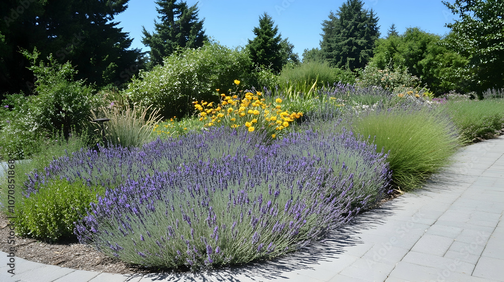 Obraz premium A path winds through a beautiful garden with lavender, grasses, and yellow flowers.