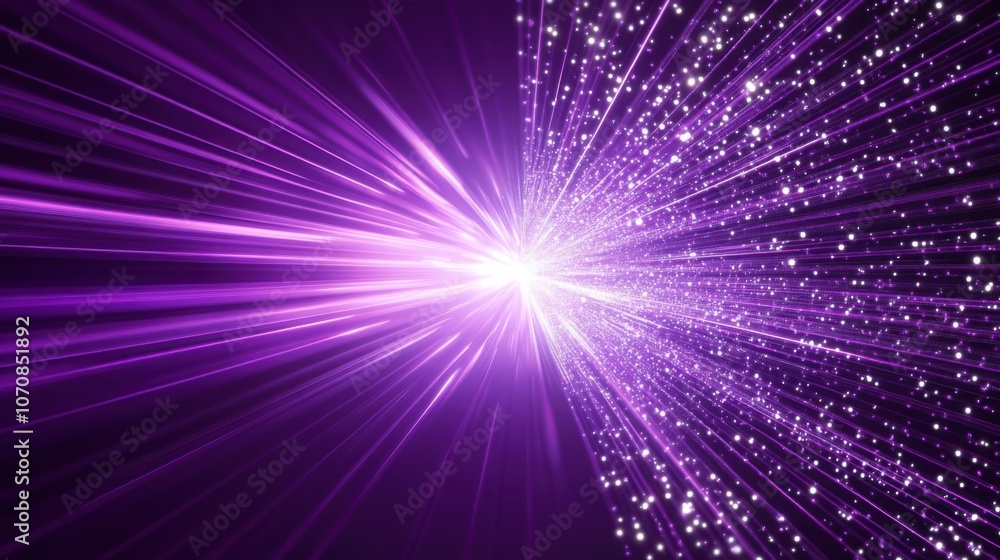 Fototapeta premium A vibrant burst of purple light radiates outward, filled with sparkling particles against a darker background, creating a striking visual effect.