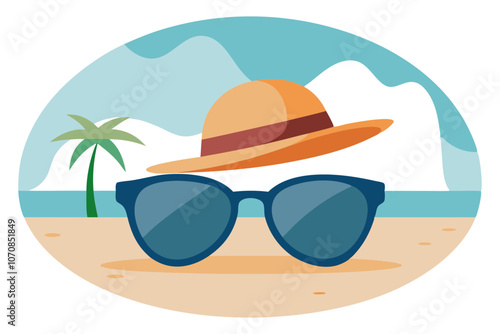 Stylish Metal Frame Sunglasses & Summer Hat on Beach – Perfect Accessories for a Sunny Day