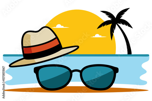 Stylish Metal Frame Sunglasses & Summer Hat on Beach – Perfect Accessories for a Sunny Day