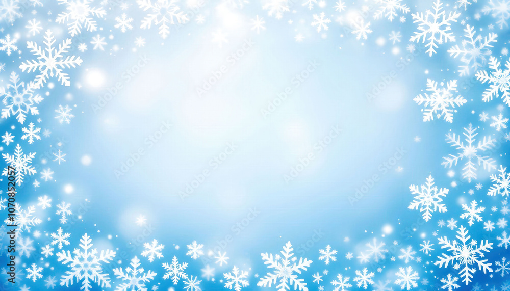 A light, white and pale blue winter background adorned with delicate snowflakes. The soft gradient creates a serene, frosty atmosphere, with a clear space designated for text.