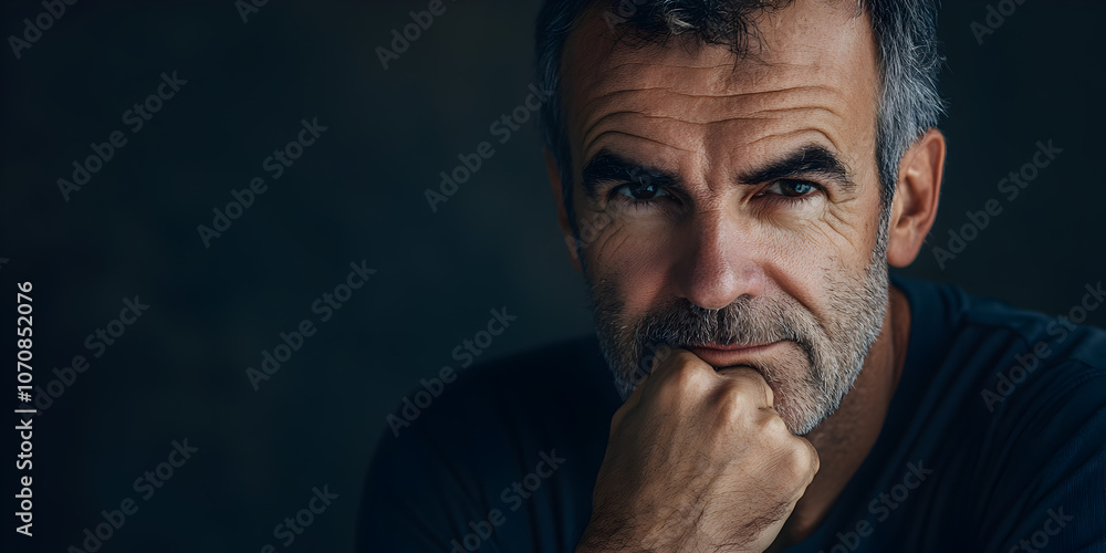 Fototapeta premium The weight of experience: A portrait of a mature man, his gaze intense and his expression thoughtful, conveying a sense of wisdom and contemplation. He is a portrait of experience.