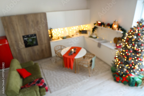 Blurred view of kitchen wit...