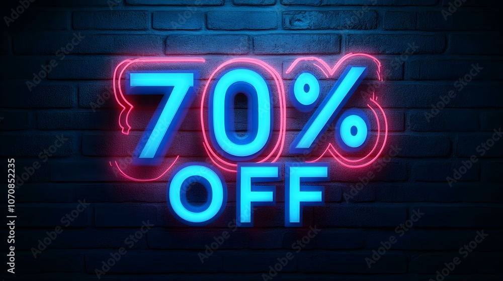 Multicolor '70% OFF' Neon Sign on an elegant Dark Background Multicolor '70% OFF' Neon Sign on an elegant Dark Background