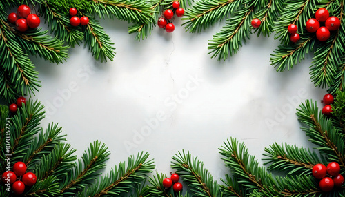 White background featuring a fir tree and red rowan berries, with space for text, perfect for holiday greetings or festive designs.