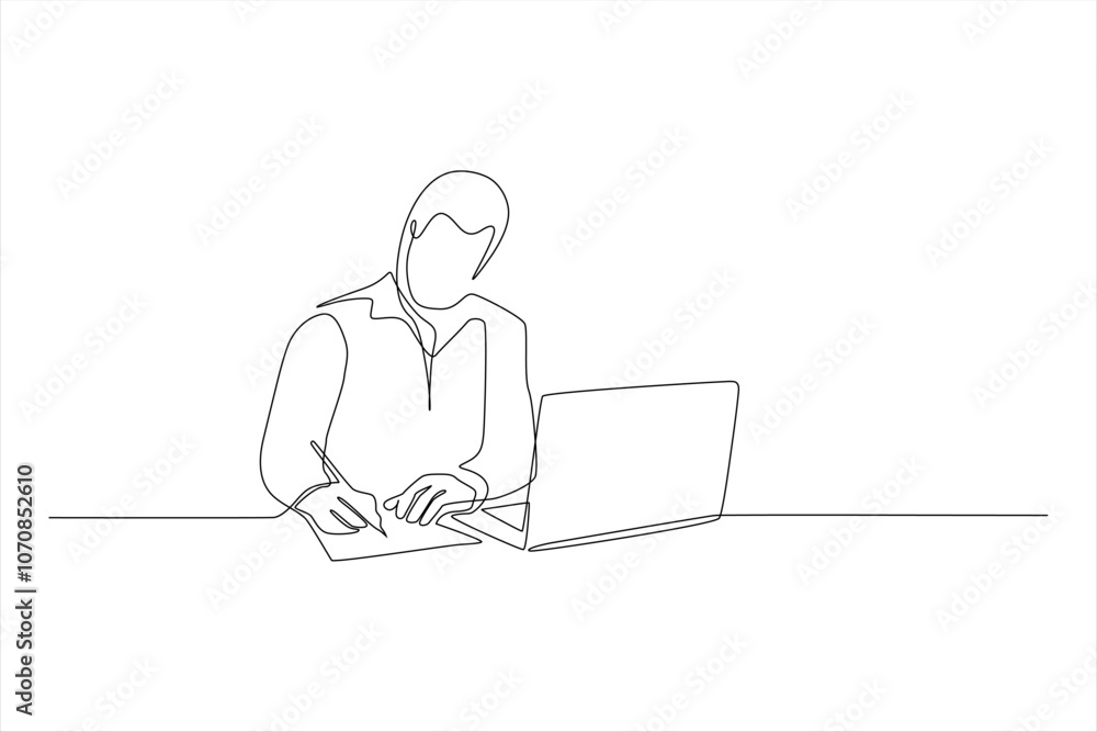 A continuous line drawing of a person writing at a desk with a laptop. A continuous line drawing of a person writing at a desk with a laptop.