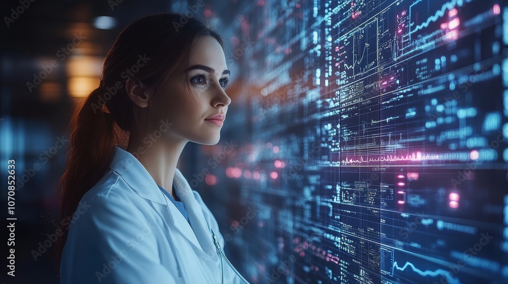 Holographic AI nurse analyzing health data in a smart home environment at night Holographic AI nurse analyzing health data in a smart home environment at night