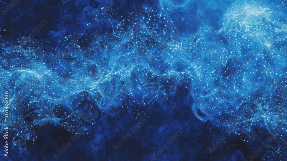 An abstract representation of blue waves with shimmering light effects. The image features a vibrant and creative design with a cosmic feel. An abstract representation of blue waves with shimmering light effects. The image features a vibrant and creative design with a cosmic feel.