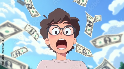 A young boy with glasses expresses shock and excitement as dollar bills rain down around him in a sunny outdoor environment, evoking a sense of wonder