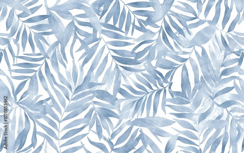 Light blue abstract leaf pattern with various tropical foliage arranged seamlessly on a white background