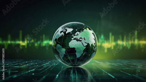 Abstract green background with globe and technology elements, a business presentation template Simple design of a global map on transparent glass or paper, a futuristic poster for a world 