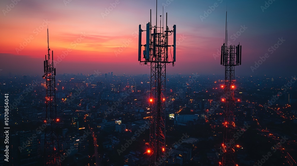 Fototapeta premium Three tall cell phone towers are lit up at night