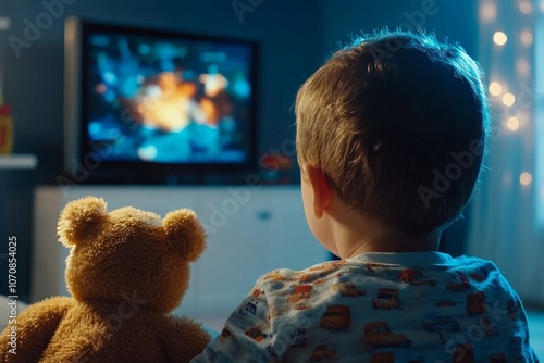 Little Boy Watching TV in Living Room with Teddy Bear