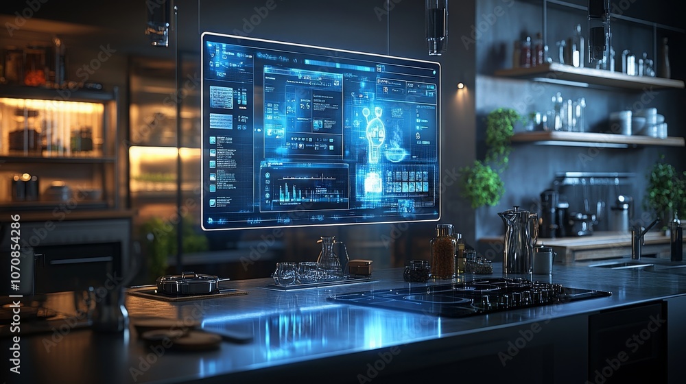 A transparent AI avatar monitors smart technology in a modern kitchen setting during evening hours A transparent AI avatar monitors smart technology in a modern kitchen setting during evening hours