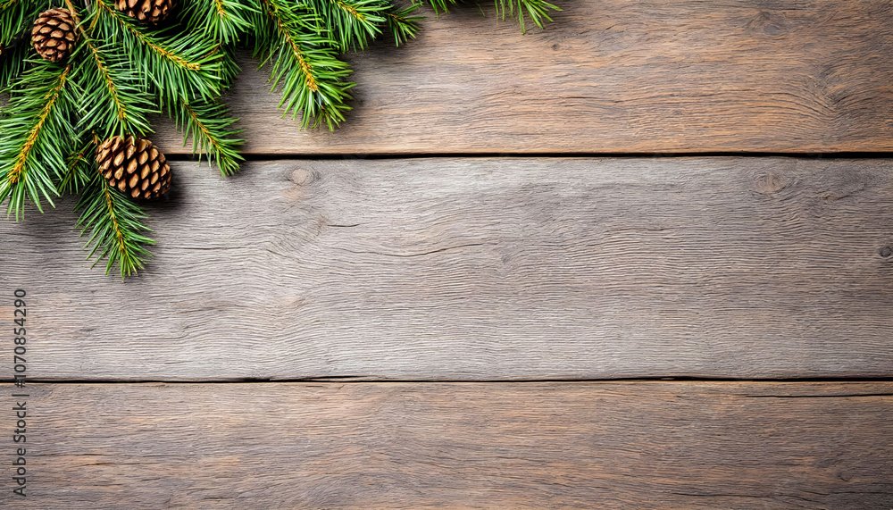 Wooden background with a rustic feel, featuring green fir branches and a pinecone placed artistically, leaving space for text, perfect for Christmas or winter-themed designs Wooden background with a rustic feel, featuring green fir branches and a pinecone placed artistically, leaving space for text, perfect for Christmas or winter-themed designs