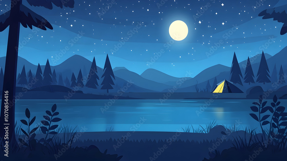 Fototapeta premium A peaceful night scene with a tent by a lake under a starry sky.