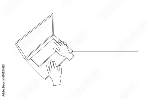 A minimalist illustration of hands typing on a laptop, emphasizing technology and communication.
