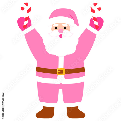 chubby santa claus with pink costume holding a candy cane over the head illustration