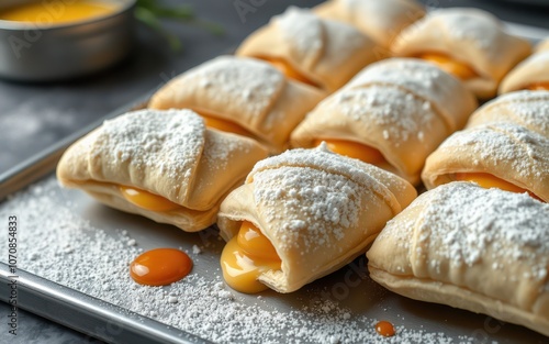 A tray of freshly baked pastries filled with custard and dusted with powdered sugar photo