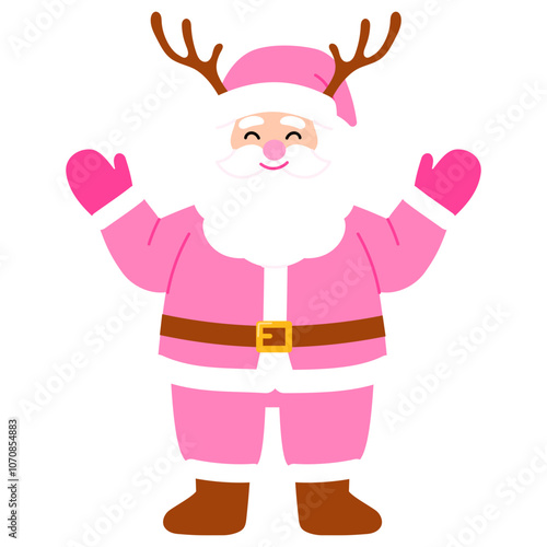 chubby santa claus in pink costume and reindeer antlers illustration