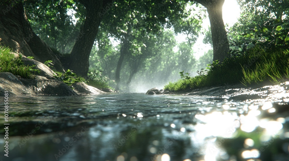 Fototapeta premium A clear stream flows through a misty forest.