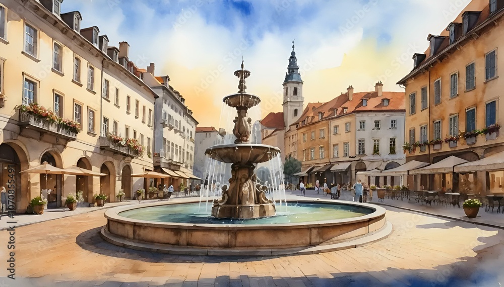 Fototapeta premium Charming city square with fountain and architecture, vibrant watercolor illustration 