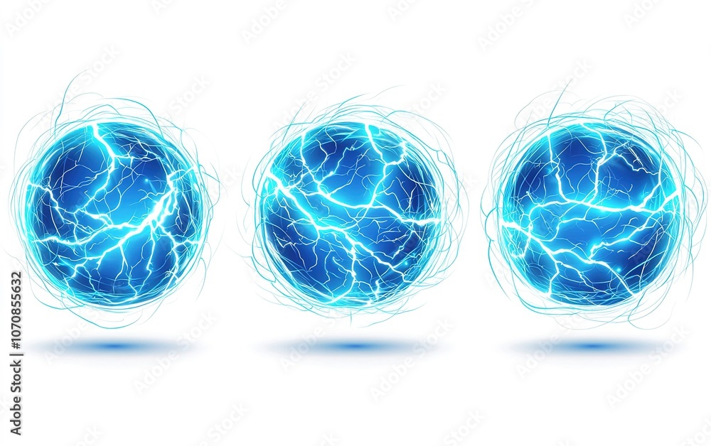 Three glowing blue spheres with electric energy patterns on a white background, illustrating dynamic movement and interplay of light Three glowing blue spheres with electric energy patterns on a white background, illustrating dynamic movement and interplay of light