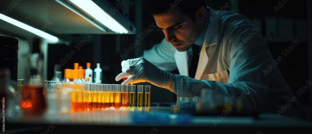 Scientist in Lab Coat Examining Test Tubes with Yellow Liquid Scientist in Lab Coat Examining Test Tubes with Yellow Liquid