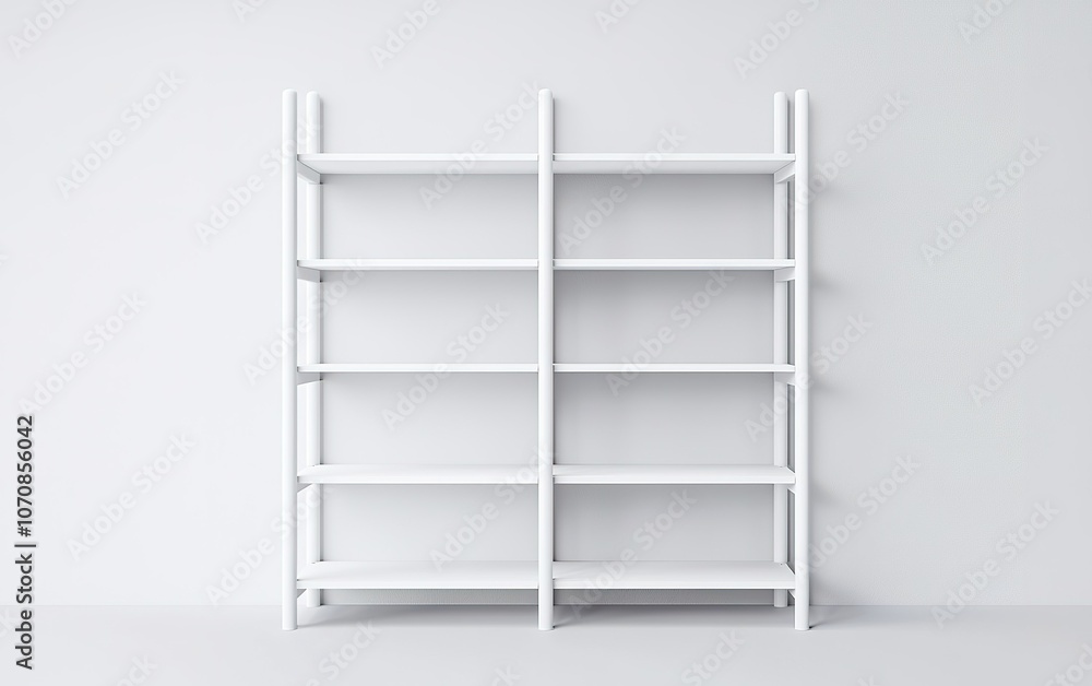 Minimalist white shelving unit against a plain wall in a modern interior setting Minimalist white shelving unit against a plain wall in a modern interior setting