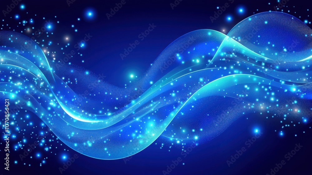 A visually stunning digital illustration showcasing flowing waves in shades of blue, adorned with glowing particles and sparkles against a dark background. A visually stunning digital illustration showcasing flowing waves in shades of blue, adorned with glowing particles and sparkles against a dark background.
