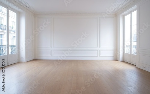 Bright and spacious empty room with wooden floor and large windows in a modern building during daylight