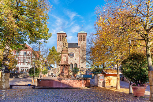 Canvas Print Bensheim: St George's Church and fountain with patron saint St George, Bergstras